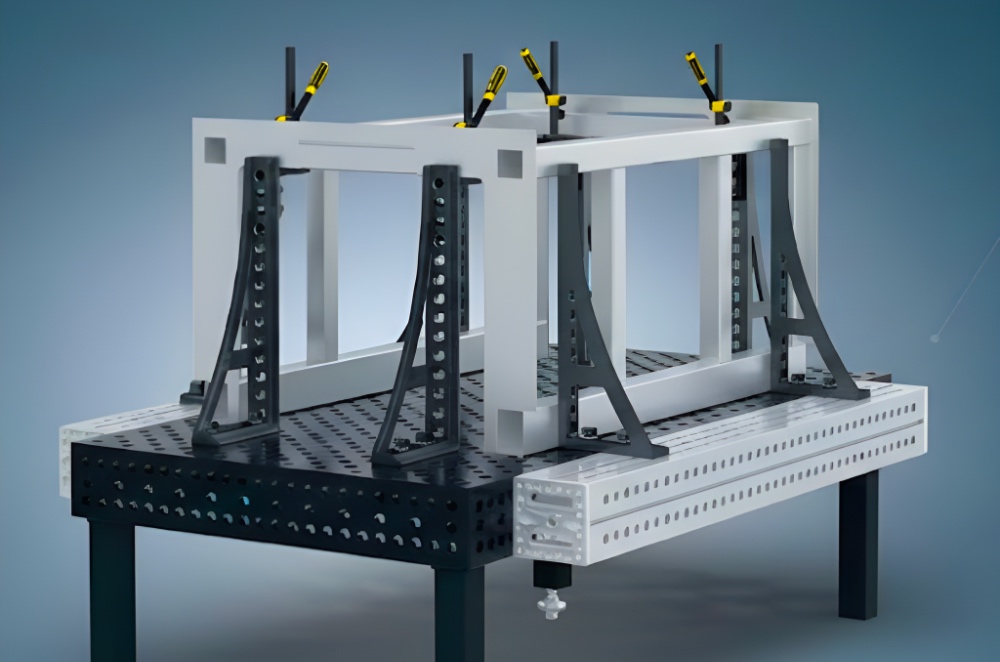 Precision measurement tools and assembly fixtures in controlled manufacturing environment
