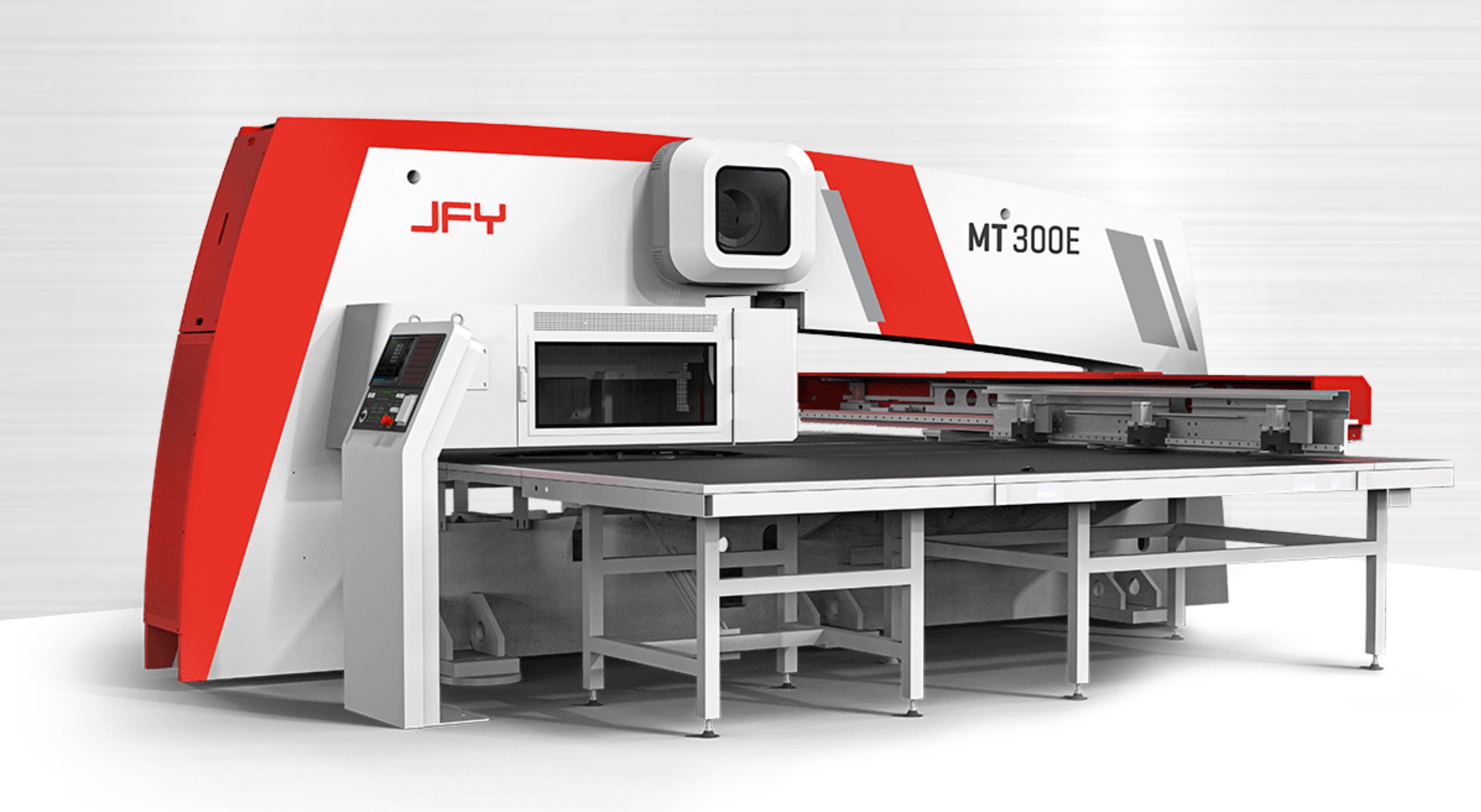 Industrial CNC punching machine with multi-tool turret system processing metal sheet in modern manufacturing facility