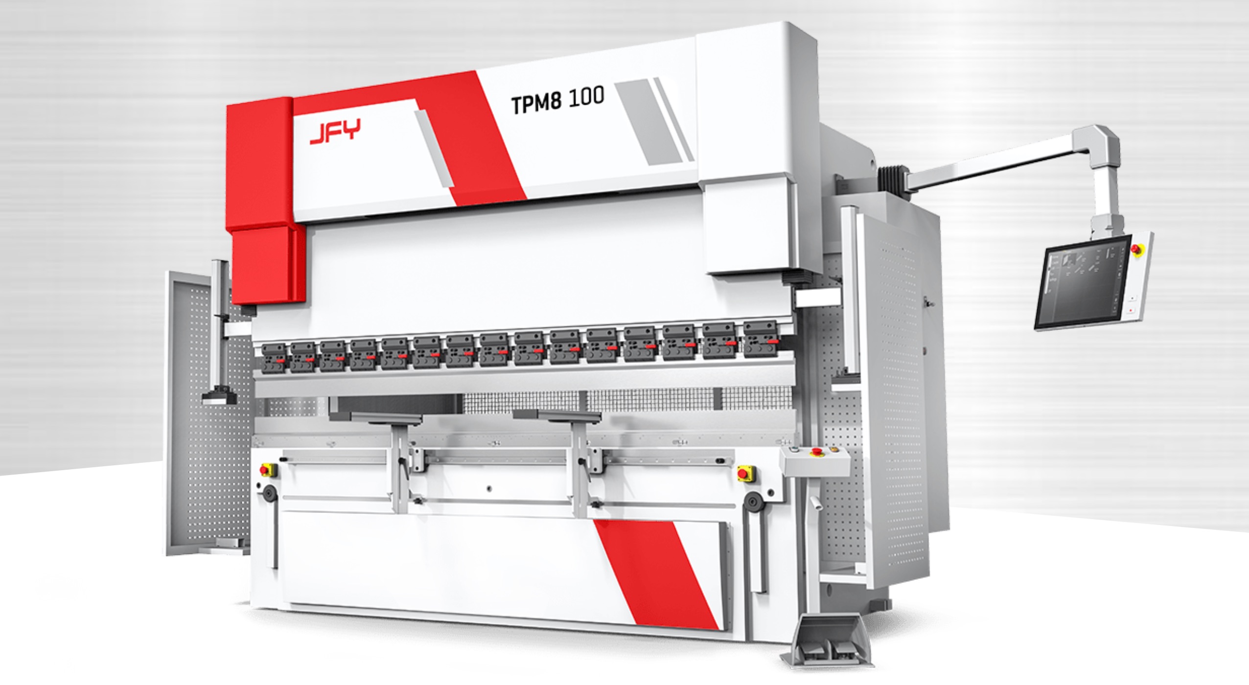 Industrial press brake machine with servo-electric control system performing precision metal bending in modern manufacturing facility